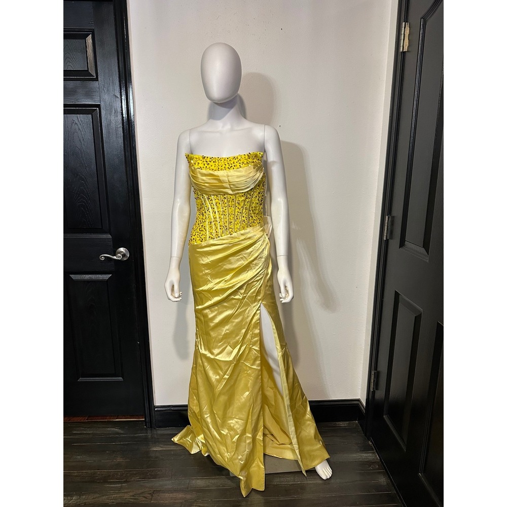 Yellow Corset Prom Dress Sequin Beaded Strapless Formal Gown High Slit Train